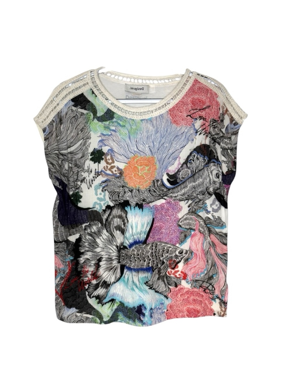 Desigual Viena Japanese Betta Fish Crochet Trim Tee T-Shirt Graphic Multicolor M